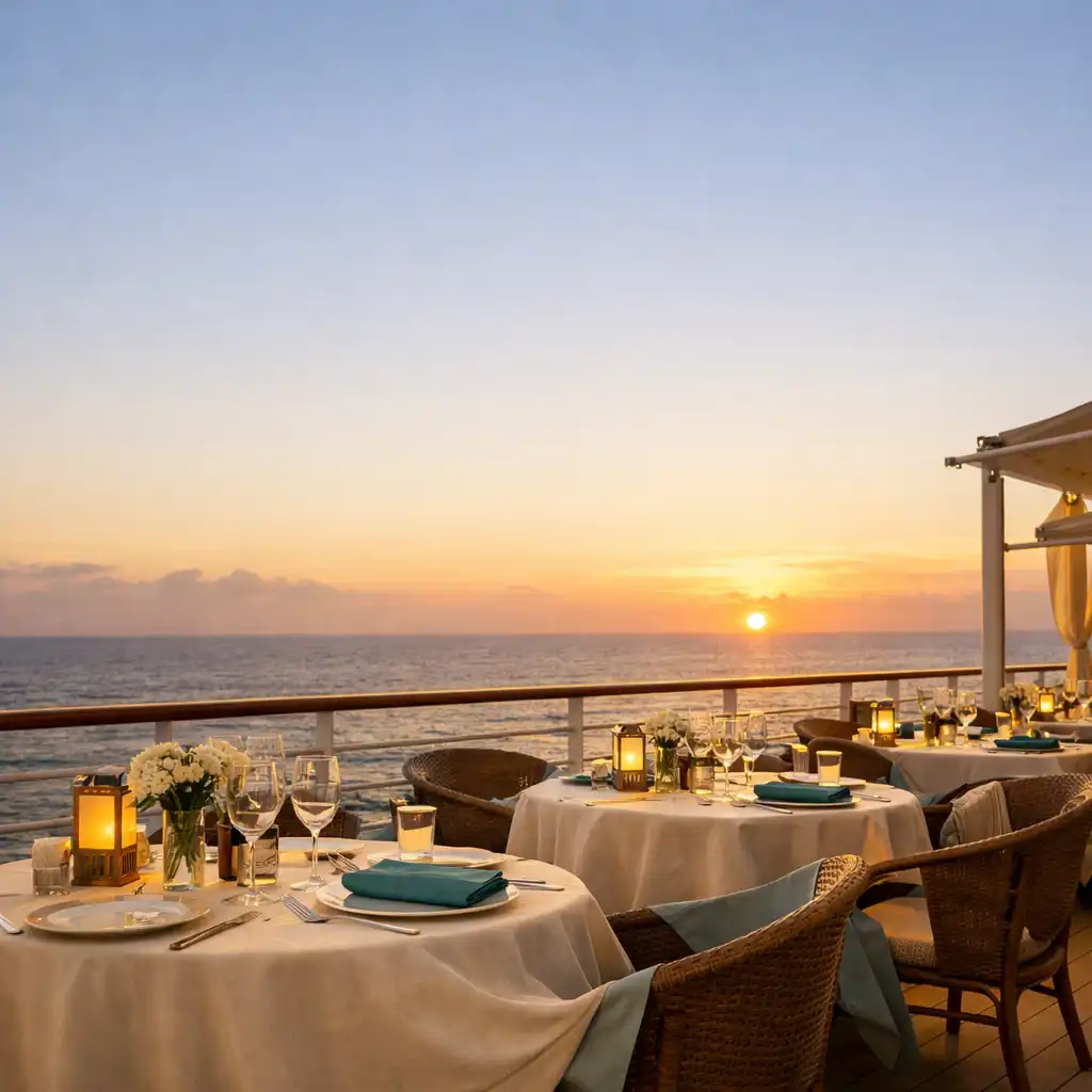 Outdoor dining area on a cruise ship deck with tables set for a meal and a view of the open sea at sunset