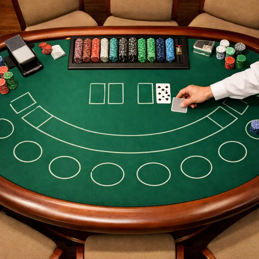 Overhead view of a blackjack table with cards, chips, and green felt layout