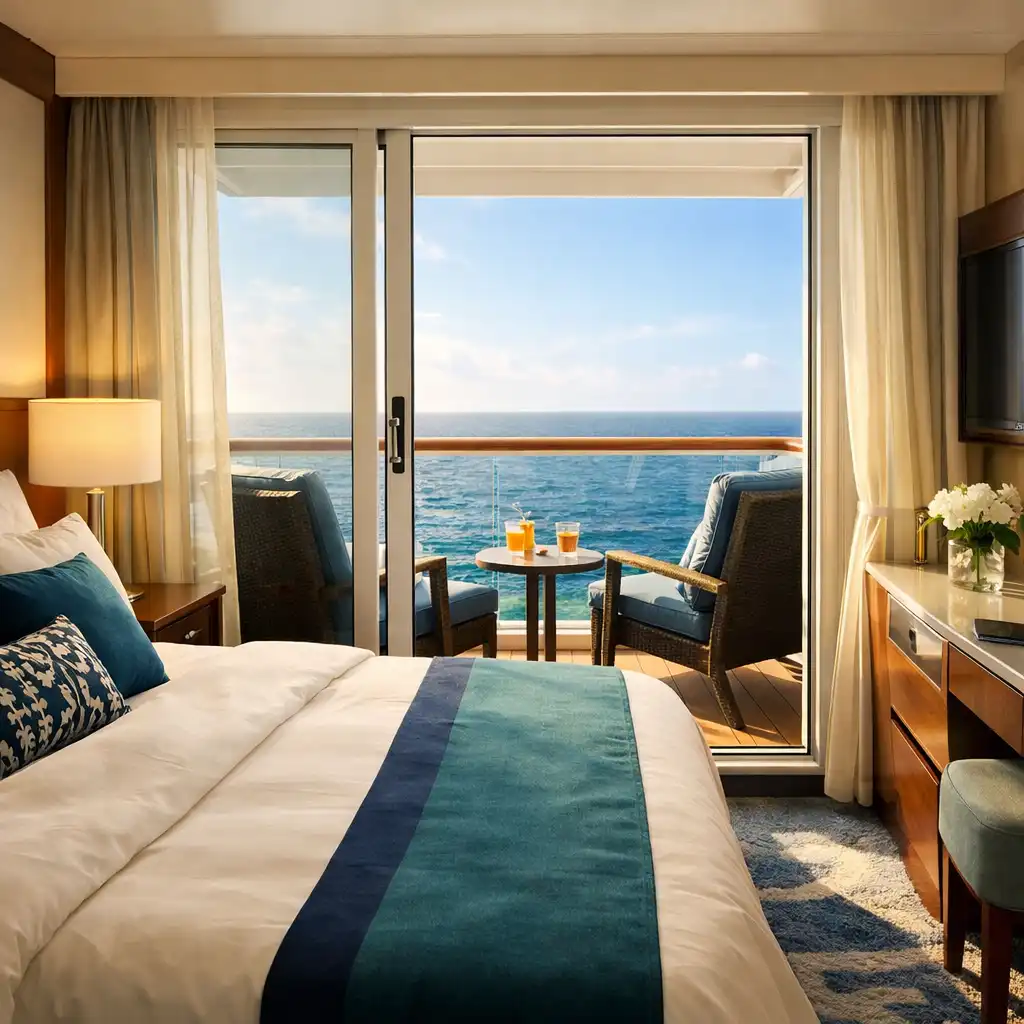 Balcony cruise cabin with sliding glass doors open to a private balcony overlooking the ocean