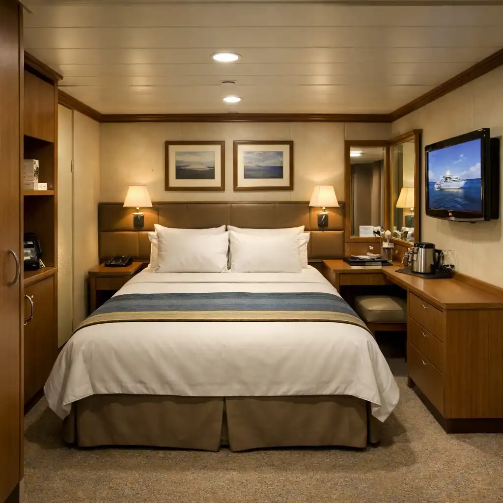 Compact interior cruise cabin with a double bed, small desk, and flat-screen TV
