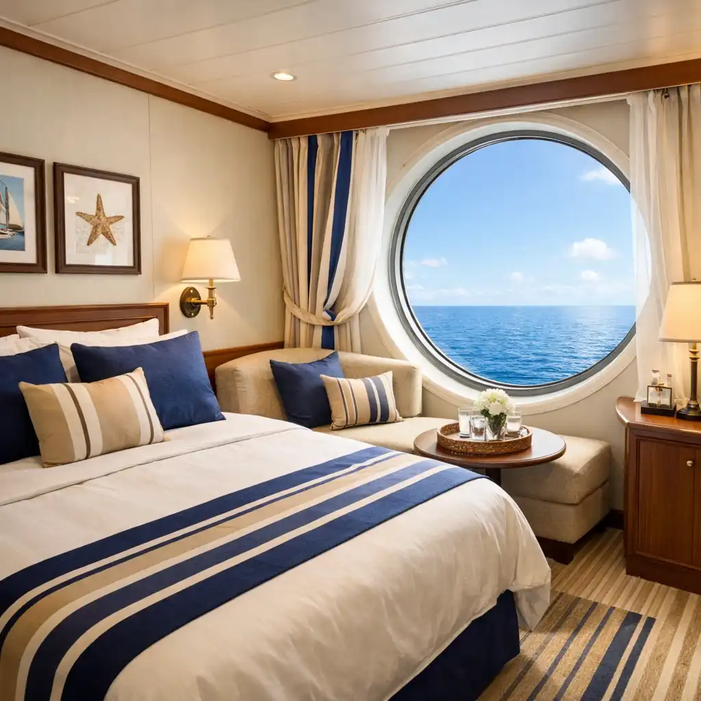 Oceanview cruise cabin with a large porthole window and a small seating area by the window