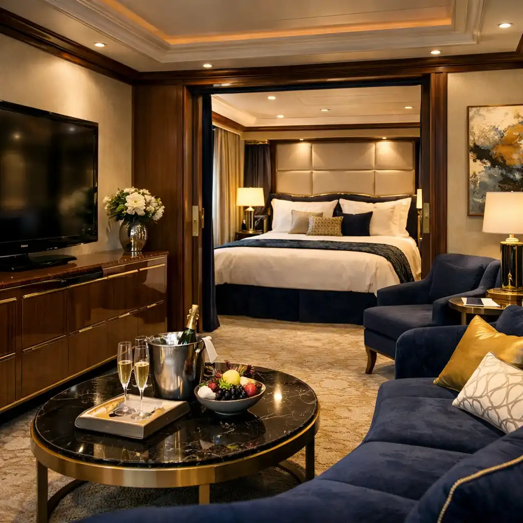 Spacious cruise suite with a separate living area, sofa, coffee table, and a bedroom visible through an open doorway