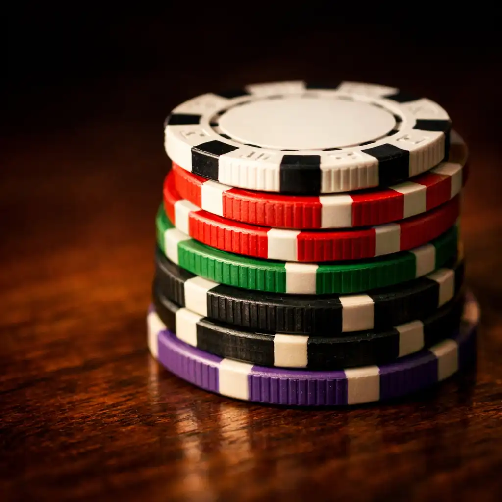 Macro shot of a stack of casino chips in various colours with shallow depth of field