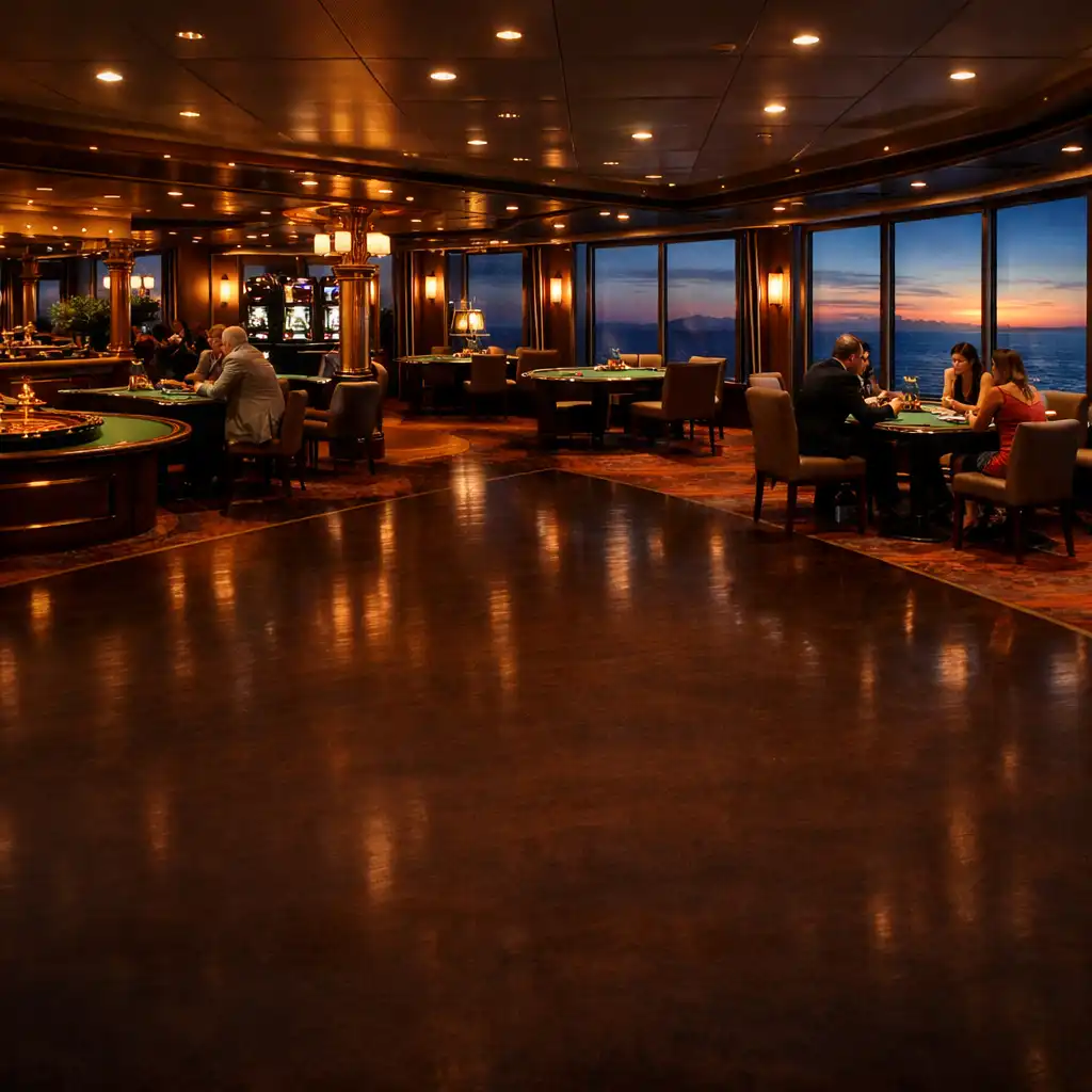 Panoramic view of a luxurious shipboard casino at dusk with warm lighting and ocean views through large windows