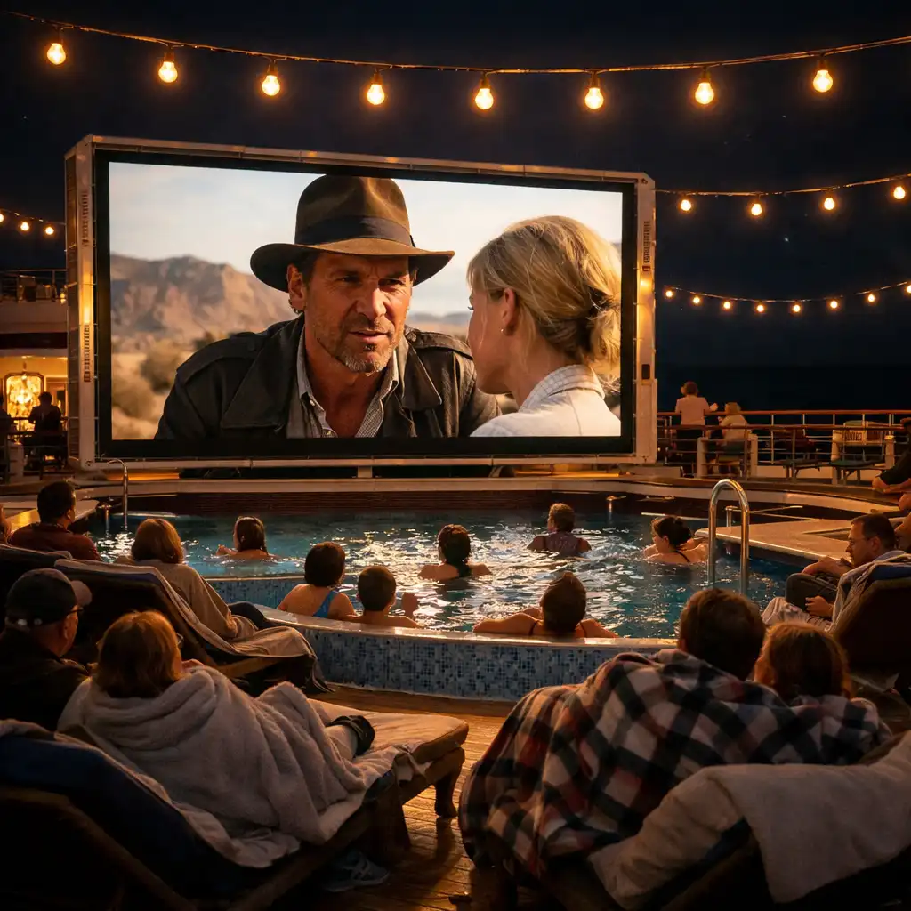 Open-air cruise deck at night with a large LED screen showing a film and passengers relaxing on loungers