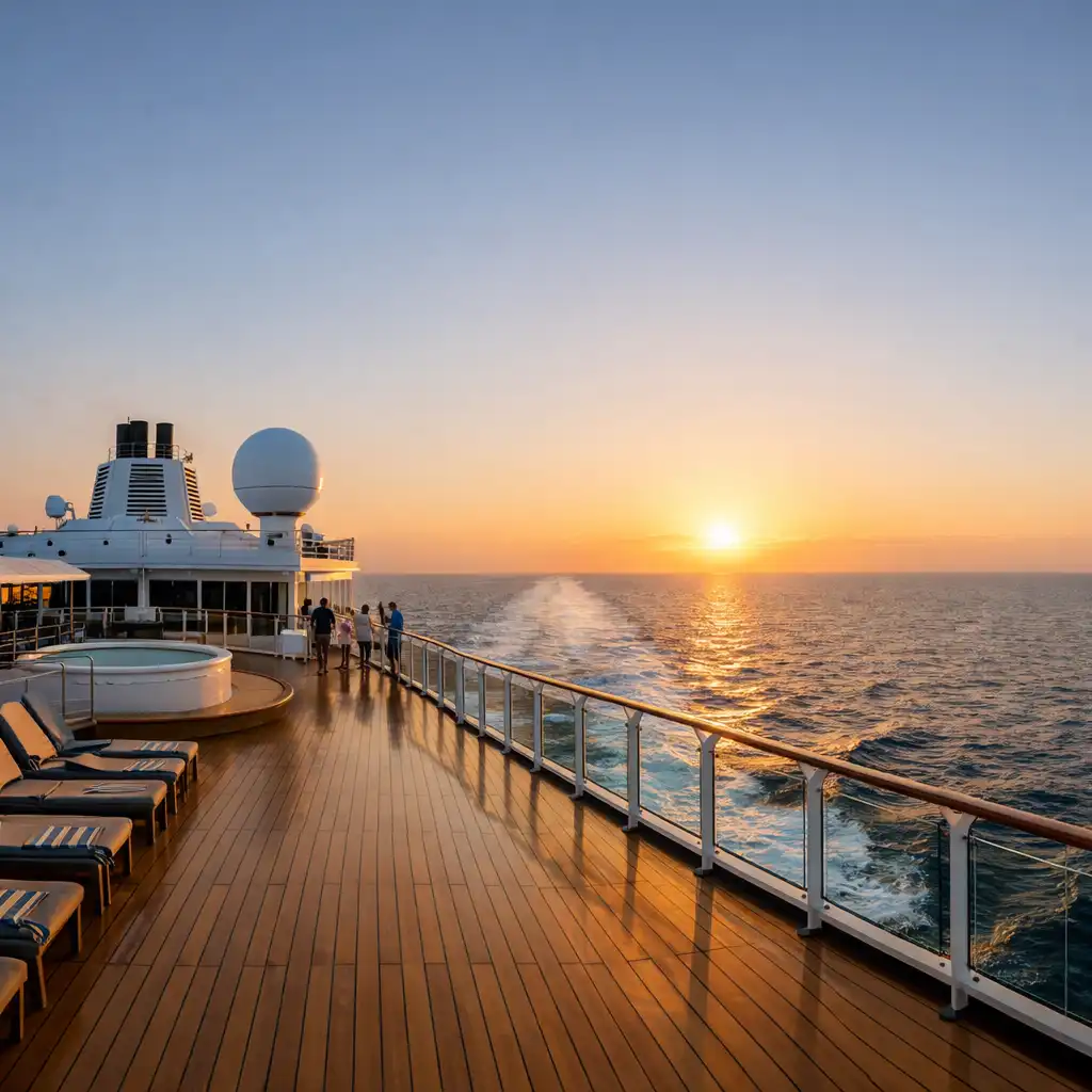 Panoramic view of a modern cruise ship upper deck at golden hour, with loungers, glass railings, and the ship's wake on a calm sea.