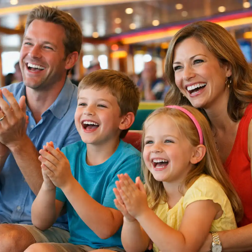 A family with two children laughing and clapping during a cruise ship game show
