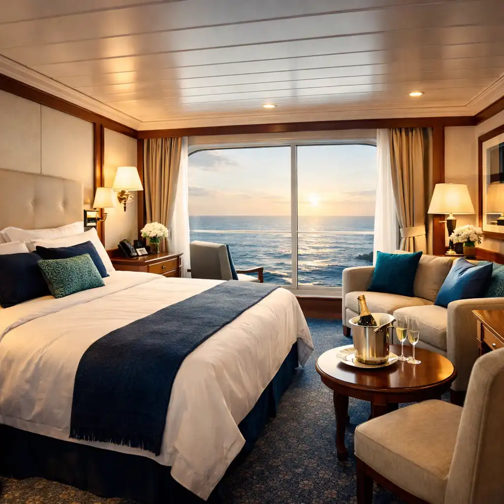 Luxurious cruise ship cabin with a large ocean-view window, plush bed, and elegant seating area
