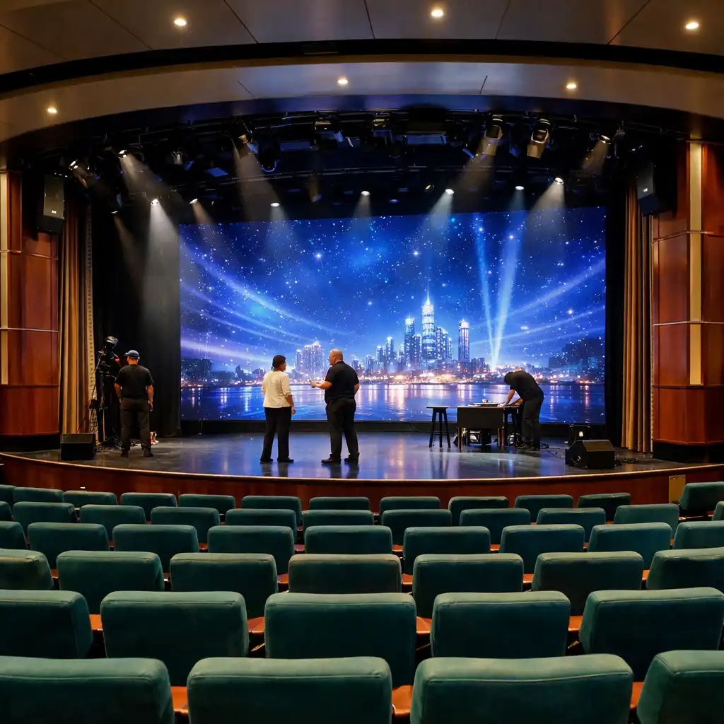Interior of a modern cruise ship theatre with plush teal seats and a large stage