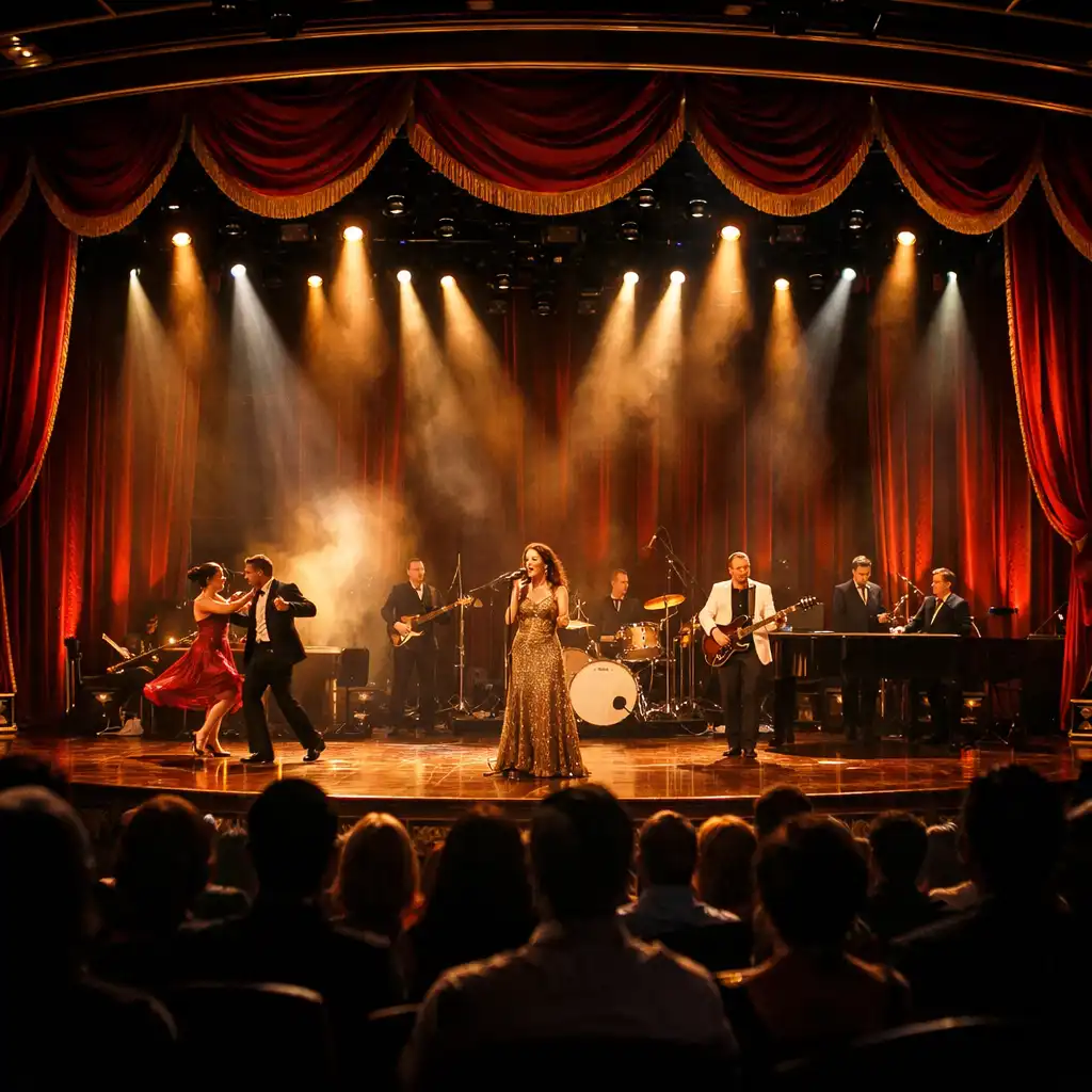 A grand cruise ship theatre stage with red curtains and dramatic spotlights during a live performance