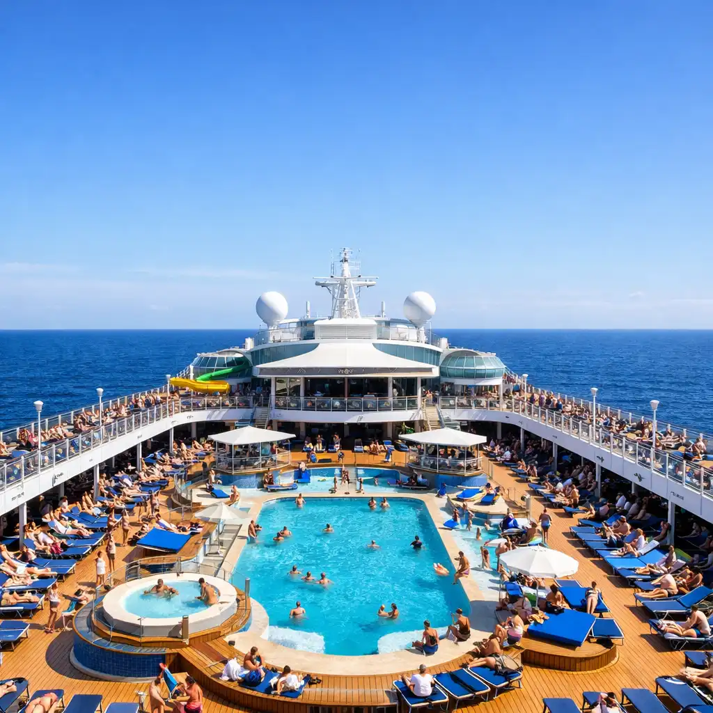 Panoramic view of a modern cruise ship top deck with pools, loungers, and the ocean horizon