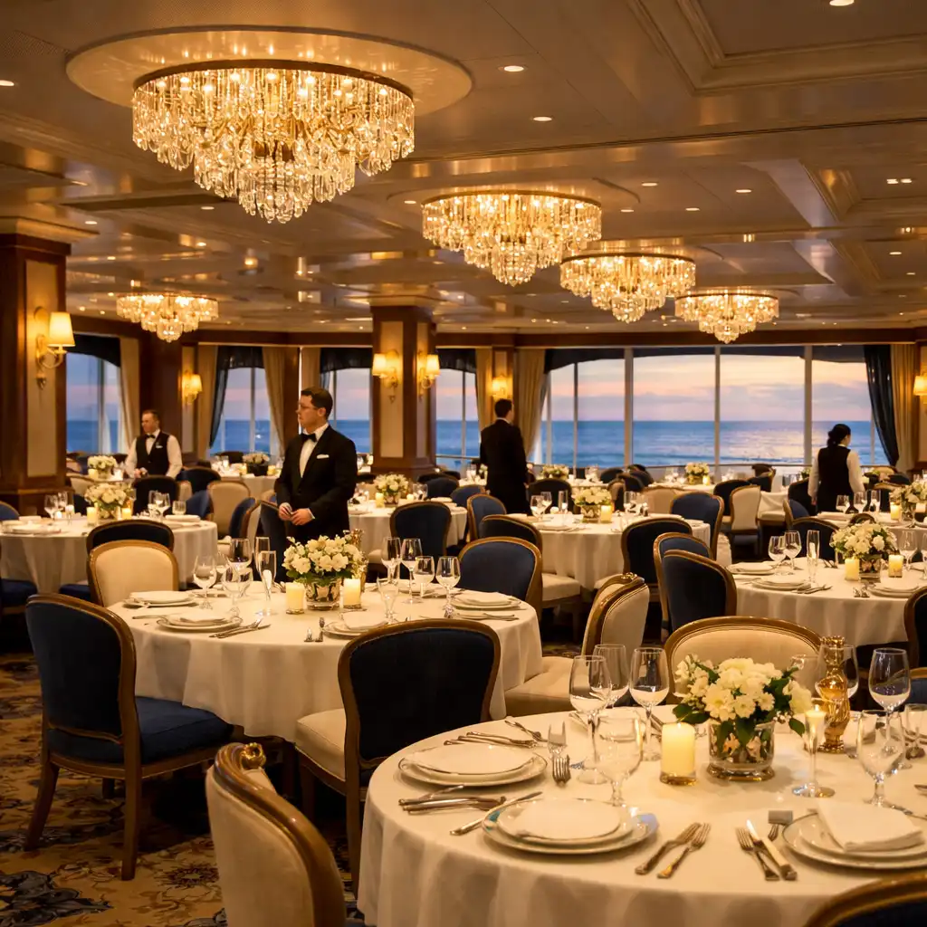 Elegant cruise ship main dining room with white tablecloths, upholstered chairs, and chandeliers.