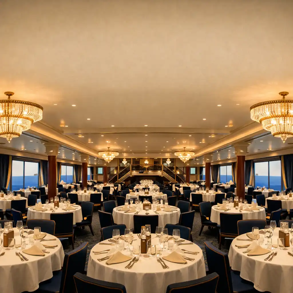 Panoramic view of an elegant cruise ship dining room with white tablecloths and ocean views
