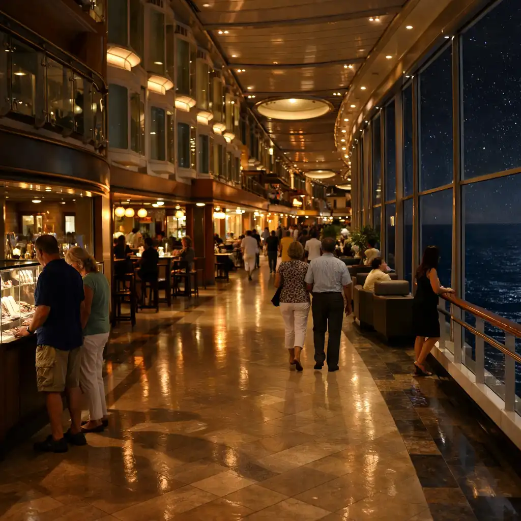 Interior promenade of a cruise ship at night with warm lighting and people strolling