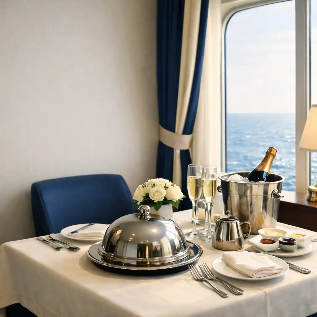 Luxurious in-suite dining table set for two near a large window overlooking the ocean