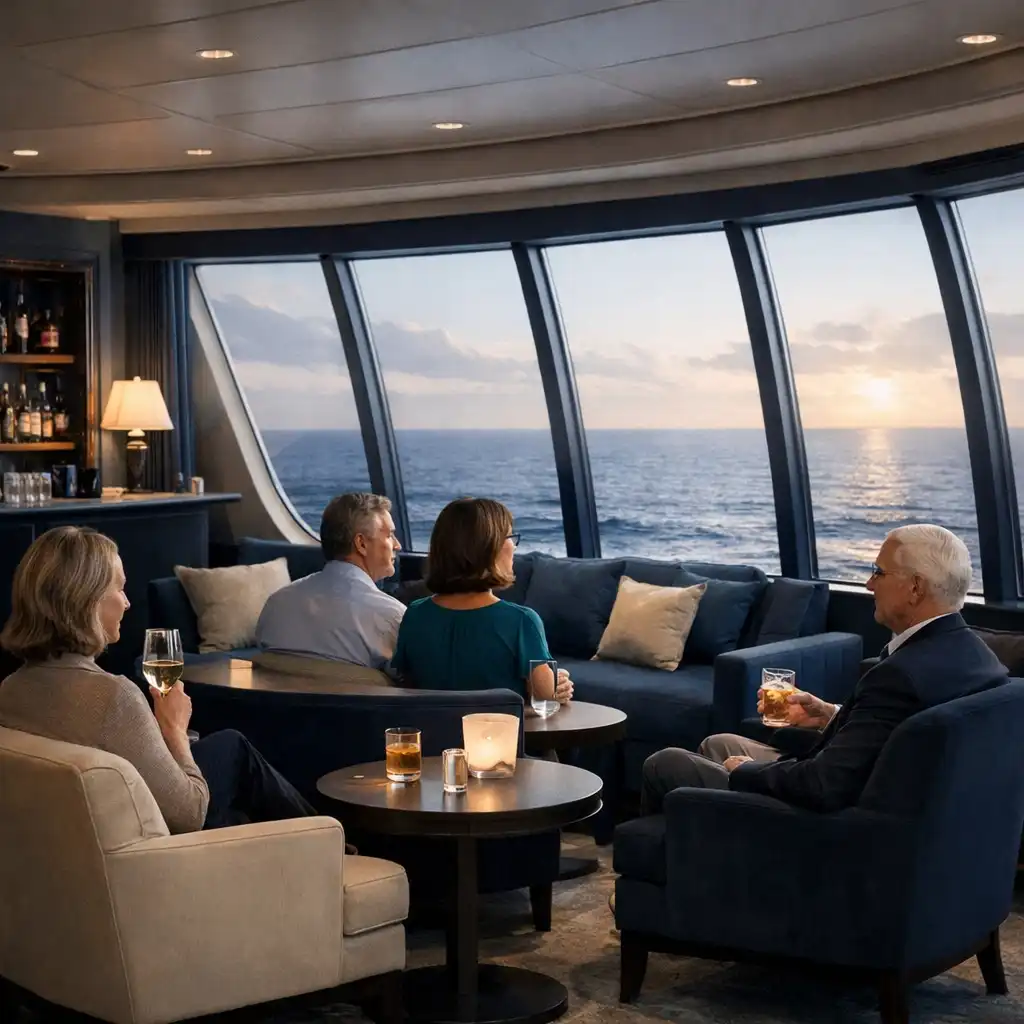 Sophisticated cruise ship lounge with panoramic ocean views, comfortable navy and sand seating, and a small bar.