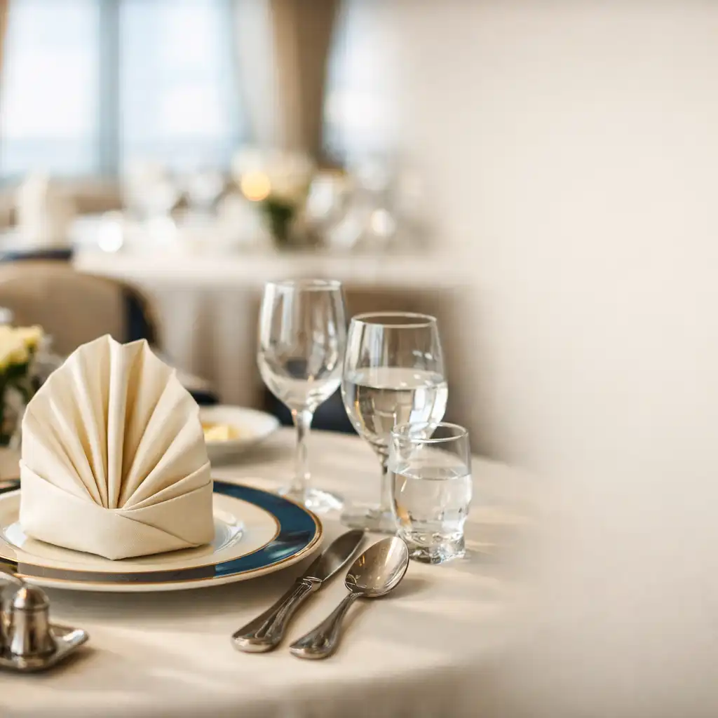 Elegant table setting in a cruise ship main dining room with fine china and crystal glasses