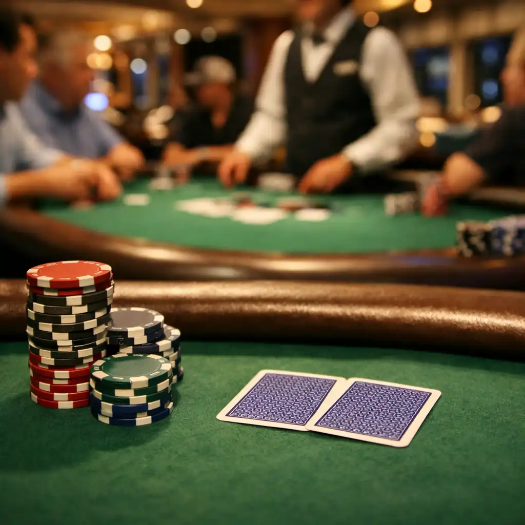 Player's perspective of a poker table with chips, cards, and felt surface