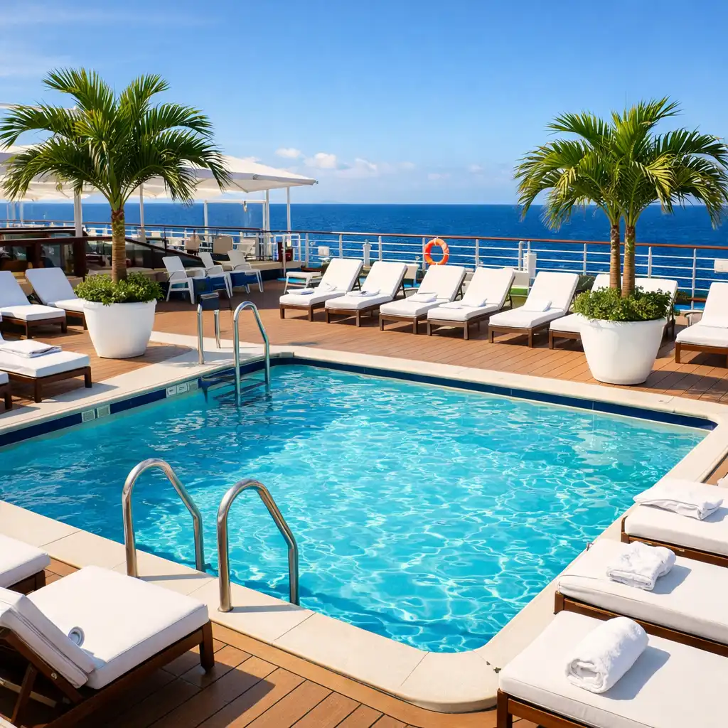 Sunny cruise ship pool deck with turquoise water, white loungers, and palm trees in planters.