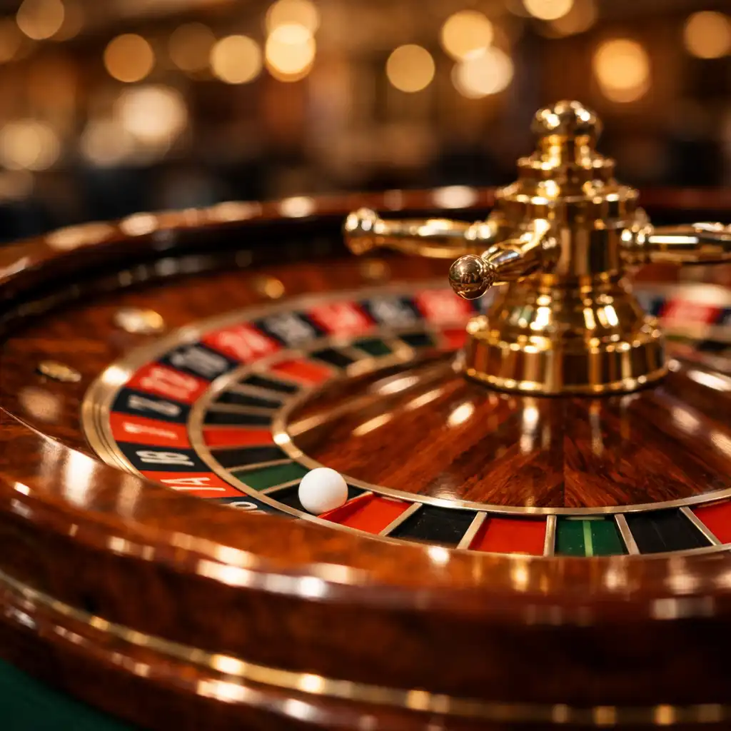 Close-up of a roulette wheel with soft bokeh background, highlighting the tactile luxury of the casino space