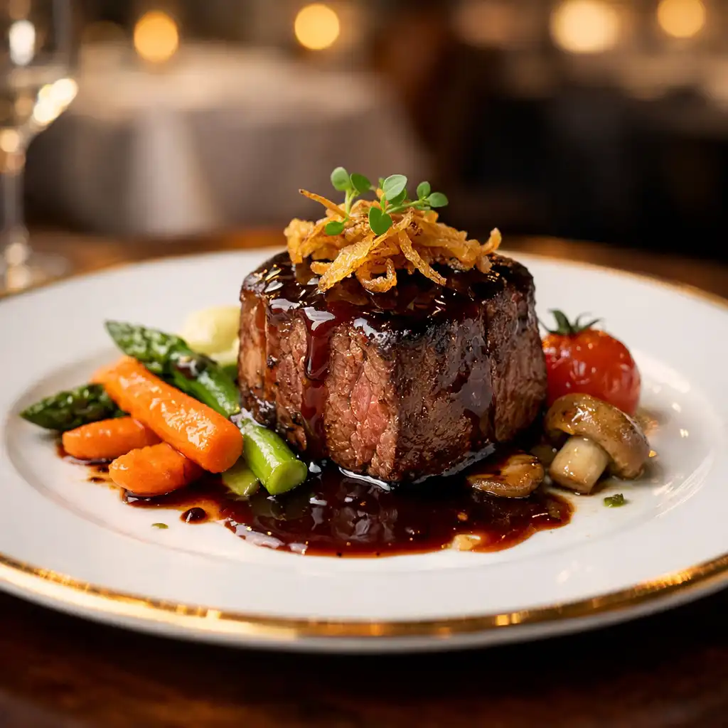Beautifully plated gourmet dish in a specialty restaurant, with a blurred intimate dining room background.