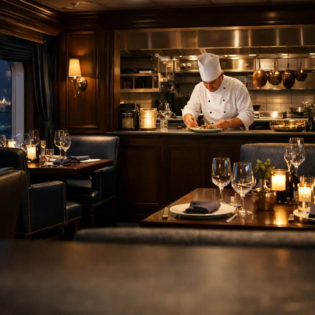 Intimate specialty restaurant with dark wood, leather chairs, and a chef plating in an open kitchen