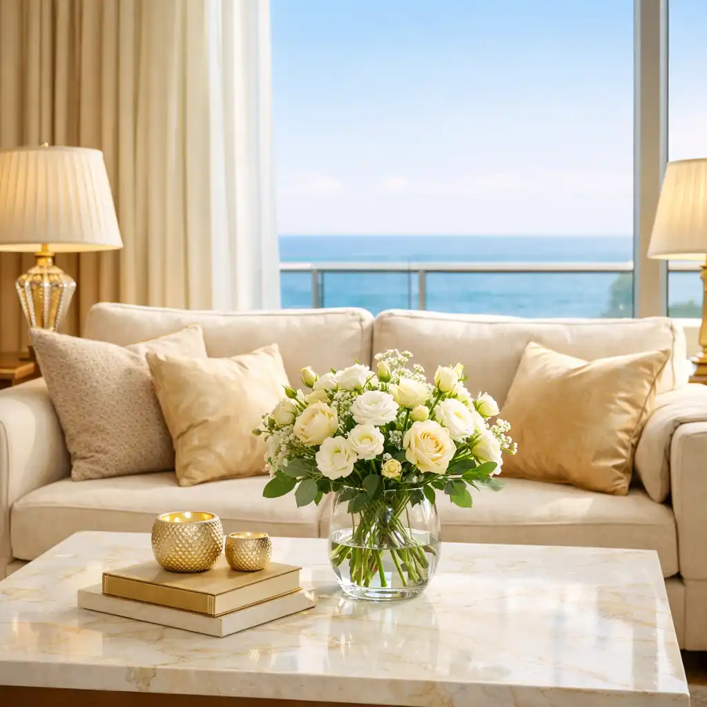 Close-up of a suite living area with a plush sofa, marble coffee table, and floor-to-ceiling ocean-view window