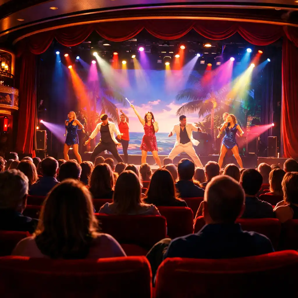Cruise ship theatre during a live performance, with a lit stage and audience in silhouette.